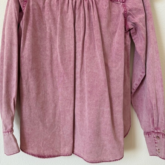 Free People Samantha Pink Acid Wash Ruffle Denim Button Down Top XS - Picture 7 of 11